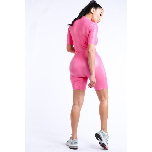 Women's Casual Short Sleeve Solid Stretch Satin Pu Zipper Biker Bodycon Romper - Picture 6 of 11
